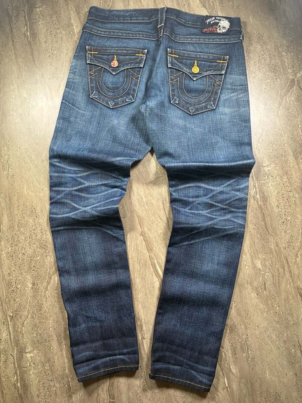 True Religion Skull Back Patch Dark Wash Denim Jeans